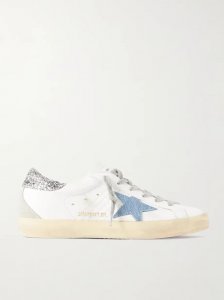 Superstar distressed denim-trimmed glittered leather sneakers