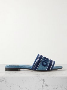 Jane velvet-trimmed embroidered denim slides