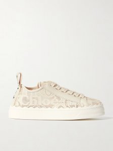 Lauren scalloped lace, leather and canvas sneakers