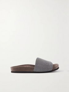 Bead-embellished suede slides