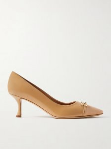 Bria embellished patent-leather trimmed smooth leather pumps