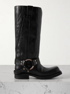 Embellished crinkled-leather knee boots