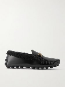 Gommino Macro embellished shearling-trimmed leather loafers