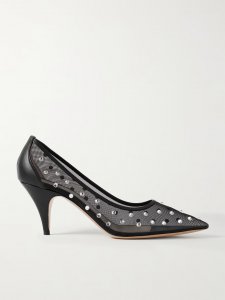 River Iconic leather-trimmed crystal-embellished mesh pumps