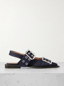 Buckled eyelet-embellished recycled denim ballet flats