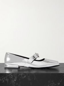 Embellished mirrored-leather open-toe ballet flats