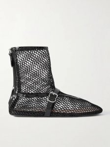 Patent leather-trimmed mesh ankle boots