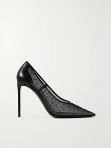 Anja leather-trimmed crystal-embellished mesh pumps