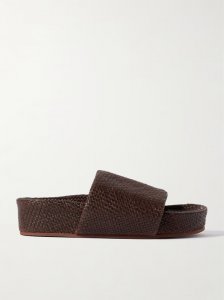 Woven leather platform slides