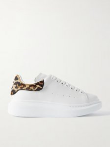 Leopard-print calf hair-trimmed leather exaggerated-sole sneakers