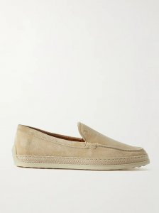 Raffia-trimmed suede loafers