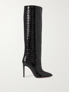 Croc-effect leather knee boots