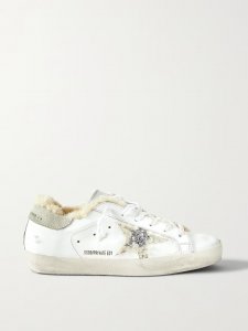 Superstar shearling-lined distressed glittered leather sneakers