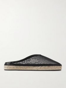 Leather-trimmed mesh espadrille mules