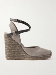 Bead-embellished leather-trimmed suede espadrilles