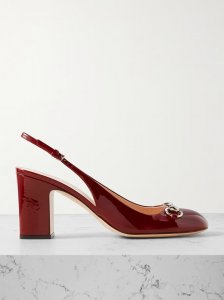 Lady horsebit-embellished patent-leather slingback pumps