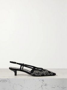 Demi suede-trimmed crystal-embellished mesh slingback pumps