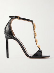 Embellished croc-effect leather sandals