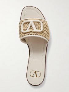 VLOGO embellished leather-trimmed raffia slides