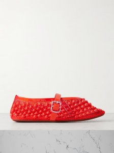 Patent leather-trimmed studded mesh ballet flats