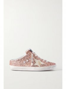 Super-Star Sabot distressed suede-trimmed glittered leather slip-on sneakers