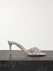 Tequila 75 crystal-embellished PVC and metallic leather mules