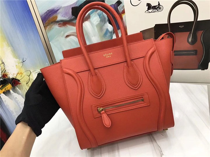 Celine Micro Luggage Tote Orange Pebbled Leather