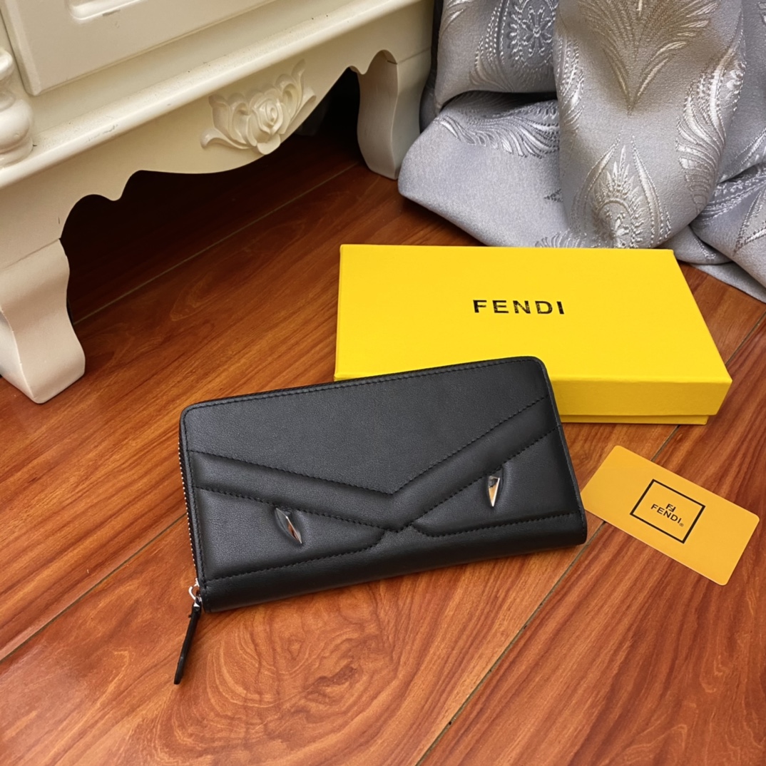 Fendi Long Wallet Bug’s Eye Zip Black Leather Monster Round Zipper