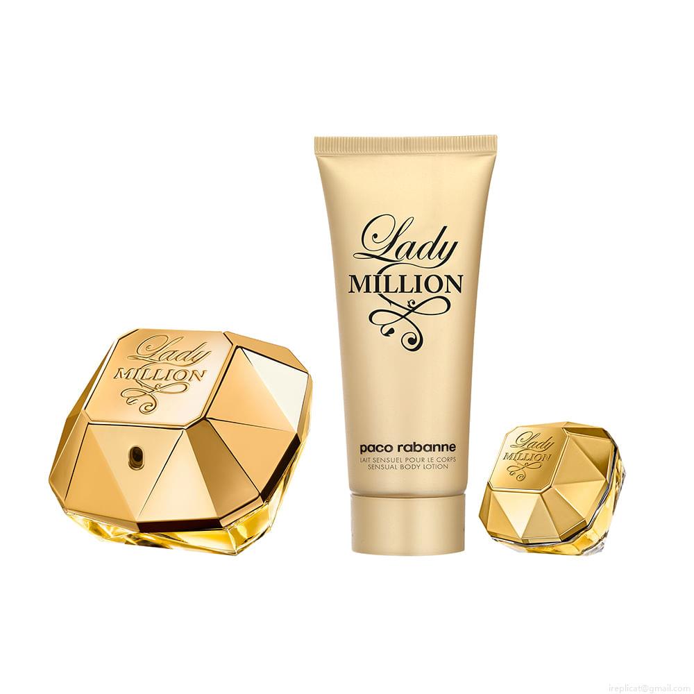 Kit Perfume Paco Rabanne Lady Million Feminino Eau de Parfum 80 ml + Loção Corporal 100 ml + Miniatura 5 ml