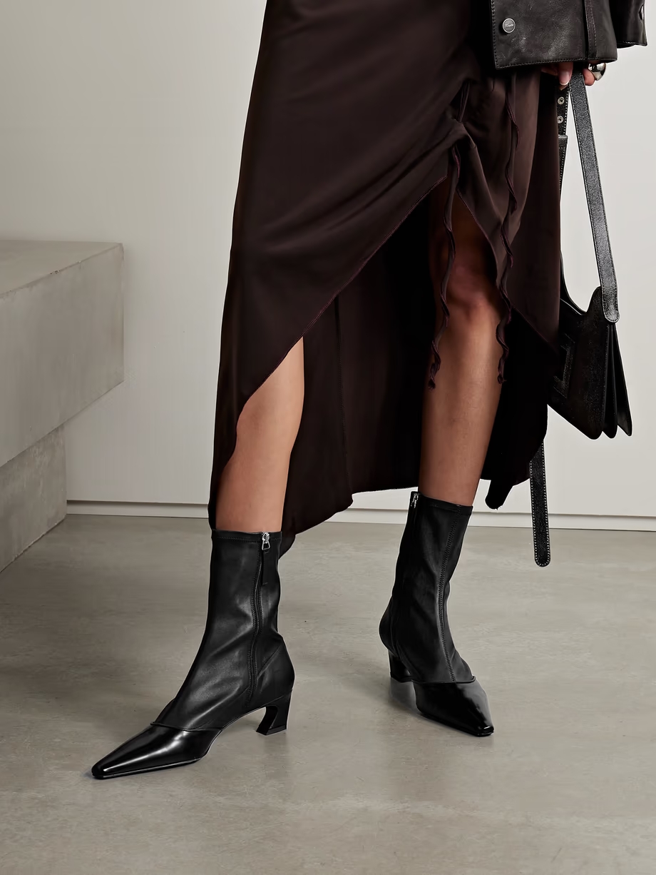 Patent-trimmed leather ankle boots