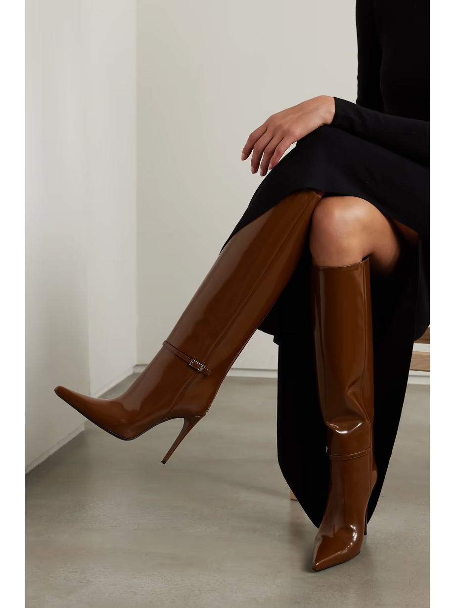 Vendôme buckled glossed-leather knee boots