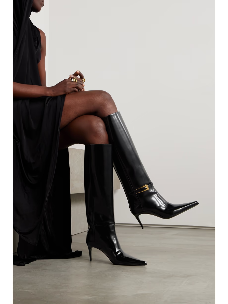 Lee buckled glossed-leather knee boots