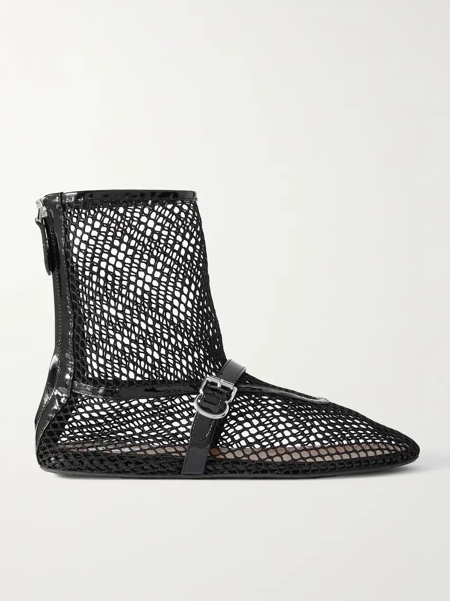 Patent leather-trimmed mesh ankle boots