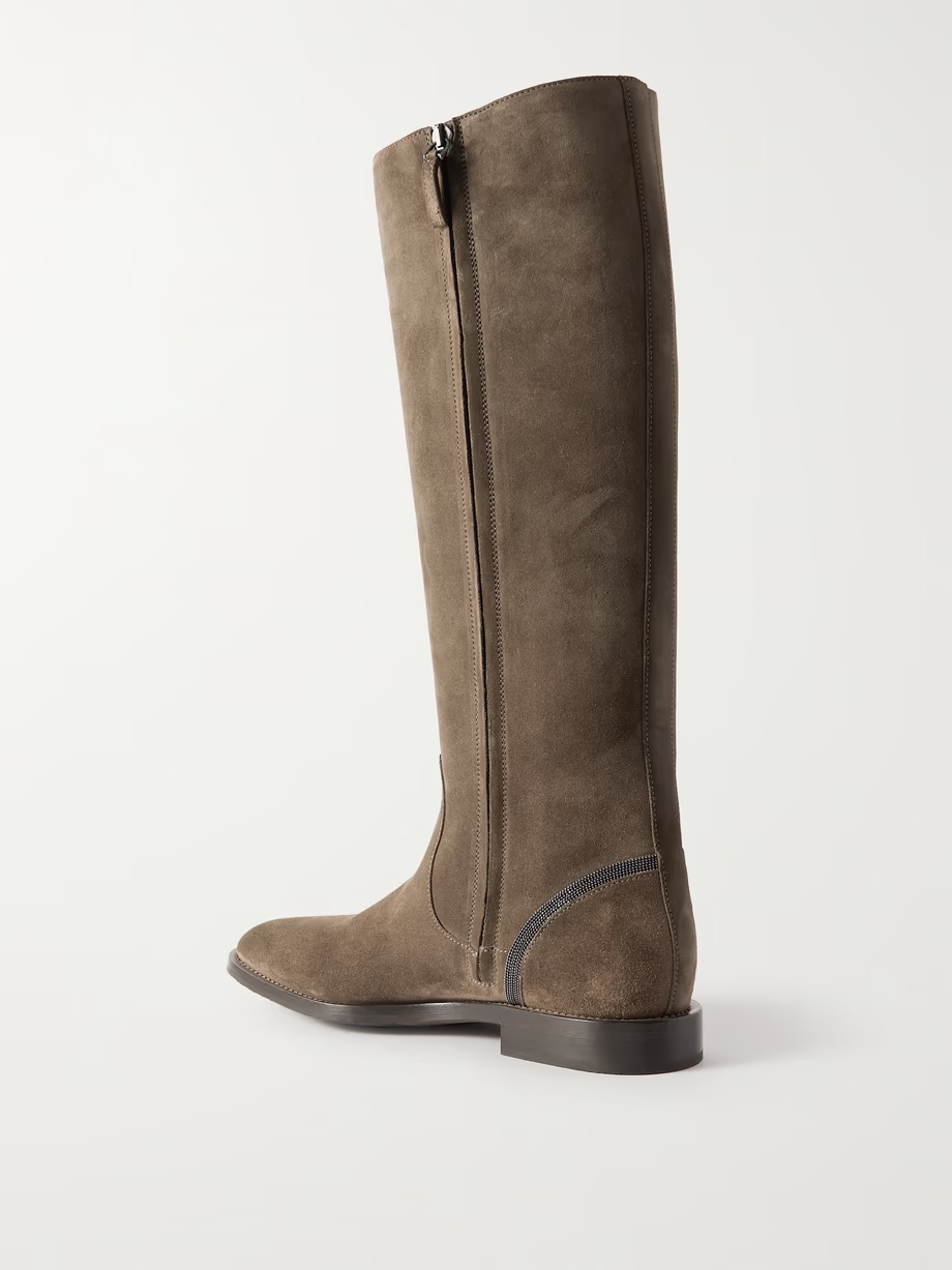 Bead-embellished suede knee boots