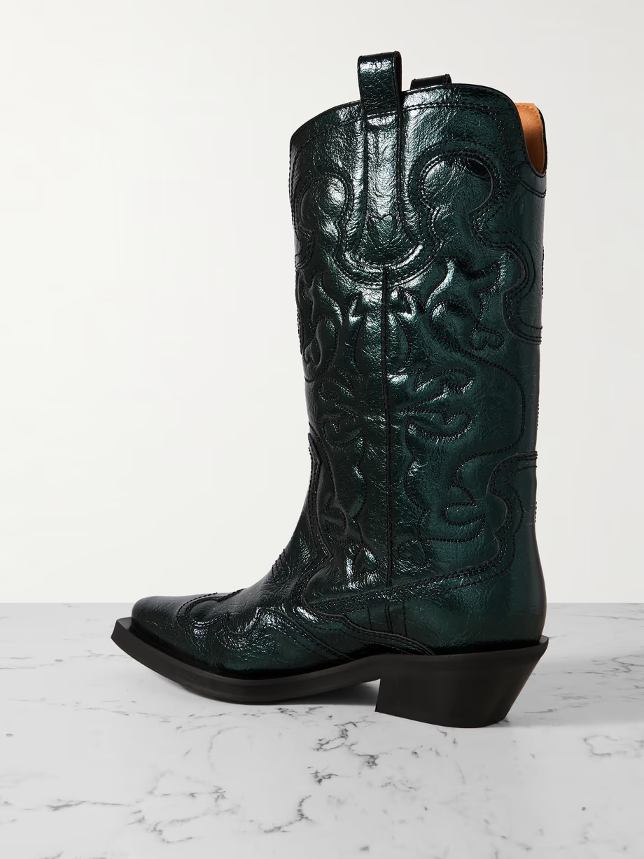 Embroidered metallic recycled faux leather cowboy boots