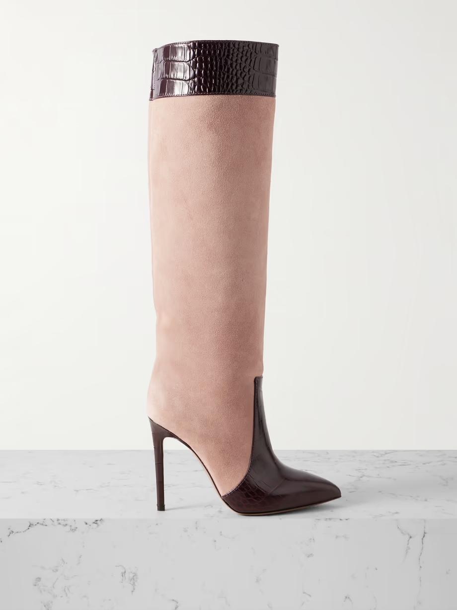 Croc-effect leather-trimmed suede knee-high boots