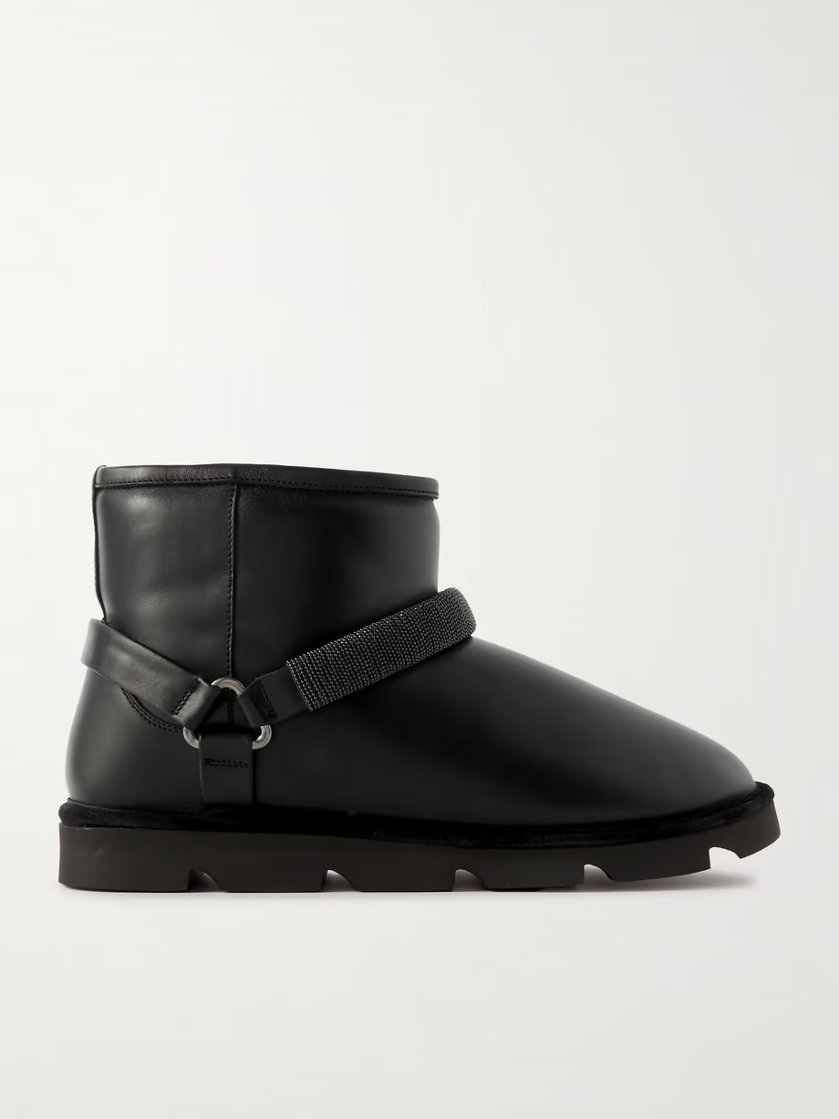 Bead-embellished shearling-lined padded leather ankle boots