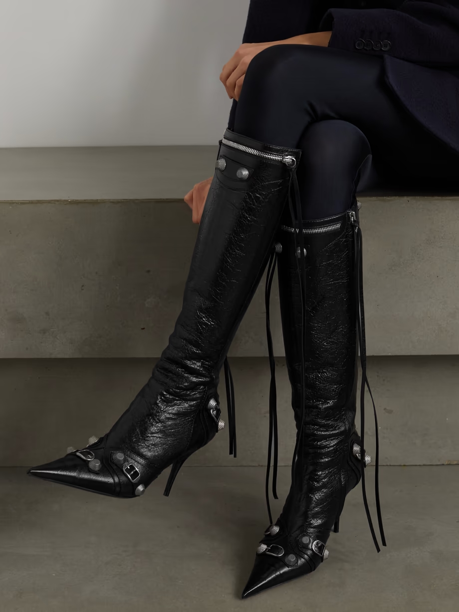 Cagole embellished textured-leather knee boots