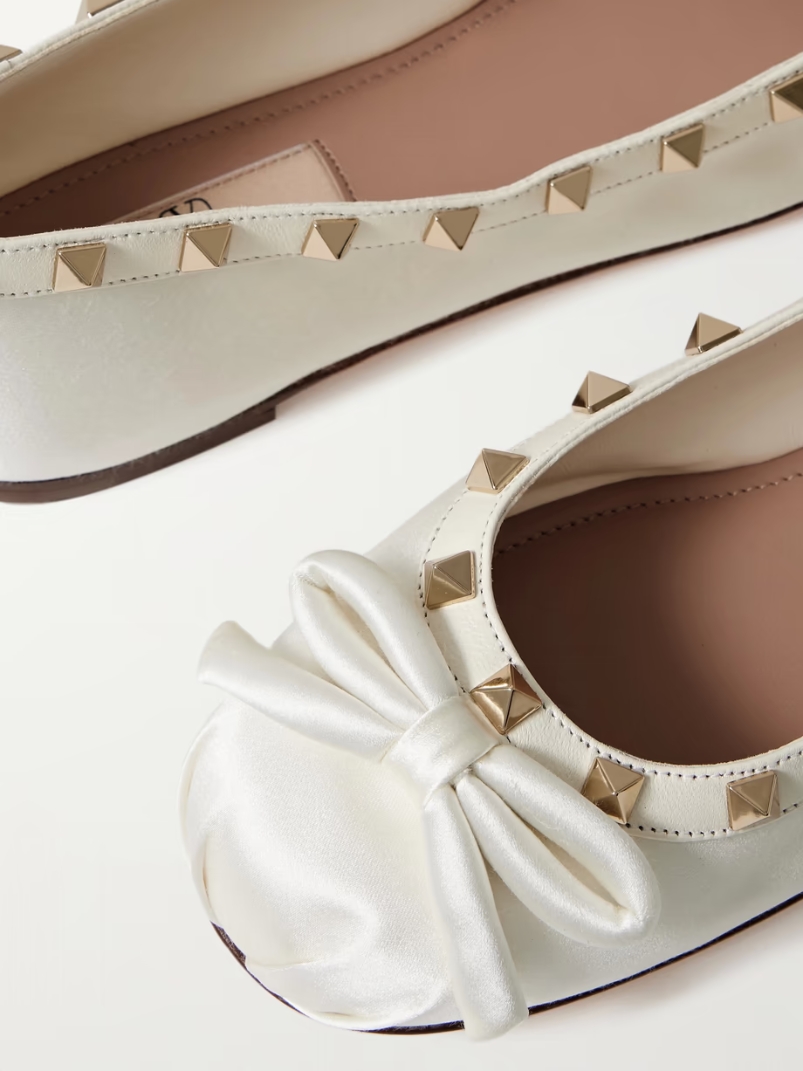 Rockstud leather-trimmed bow-embellished satin ballet flats