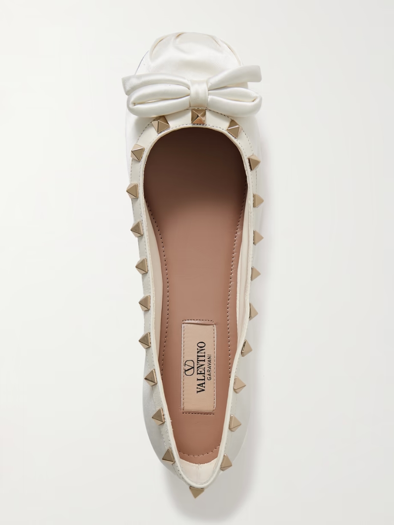 Rockstud leather-trimmed bow-embellished satin ballet flats