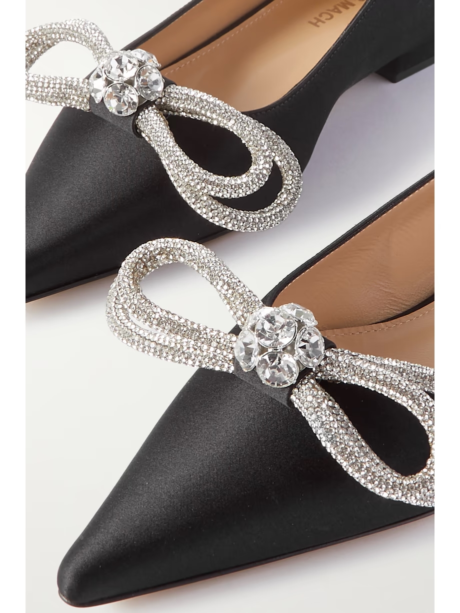 Double Bow crystal-embellished satin point-toe flats