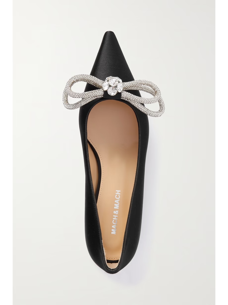 Double Bow crystal-embellished satin point-toe flats