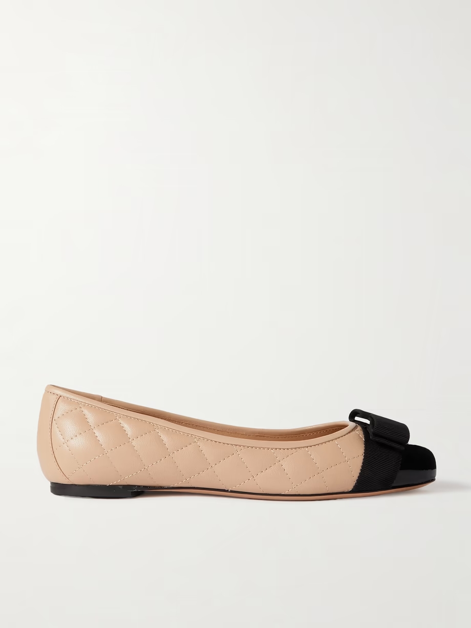 Varina bow-embellished quilted smooth and patent-leather ballet flats