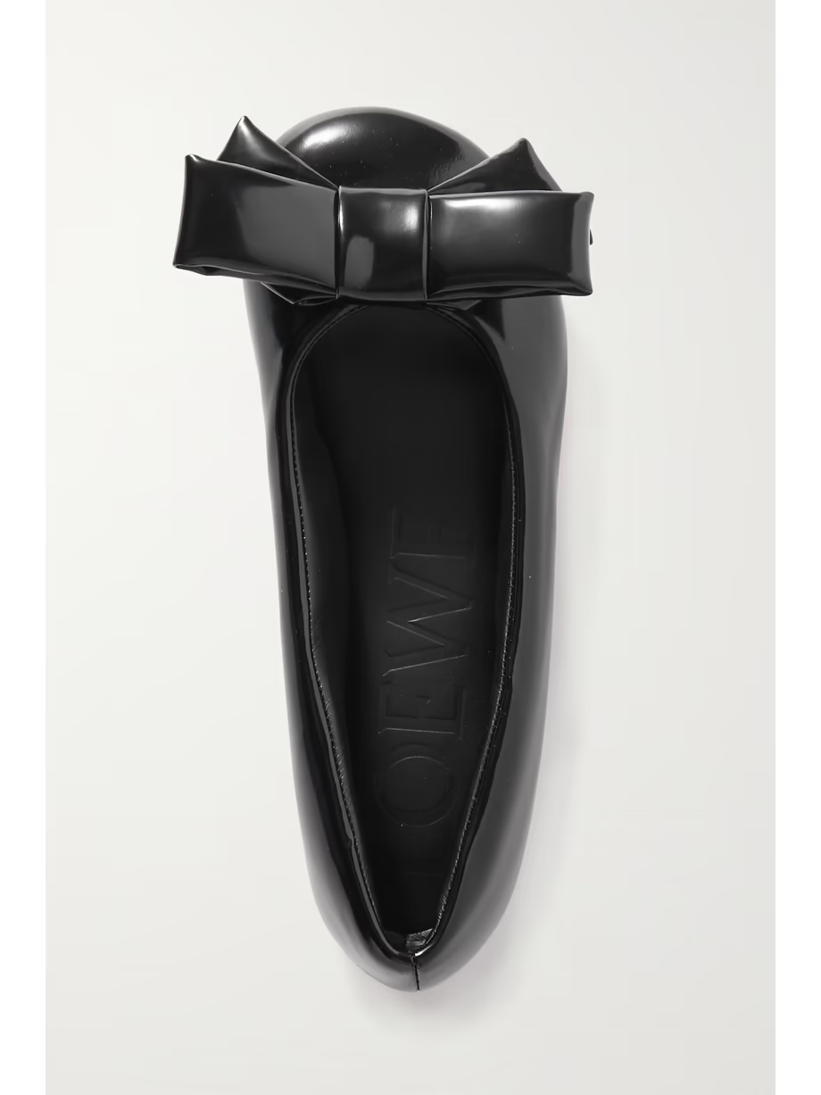 Puffy bow-detailed glossed-leather ballet flats