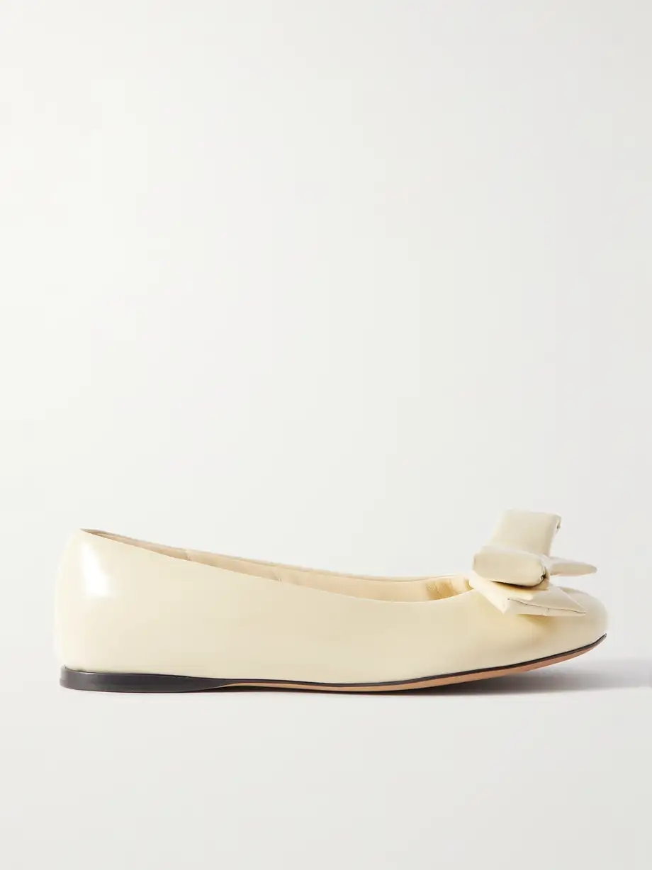 Puffy bow-detailed padded glossed-leather ballet flats