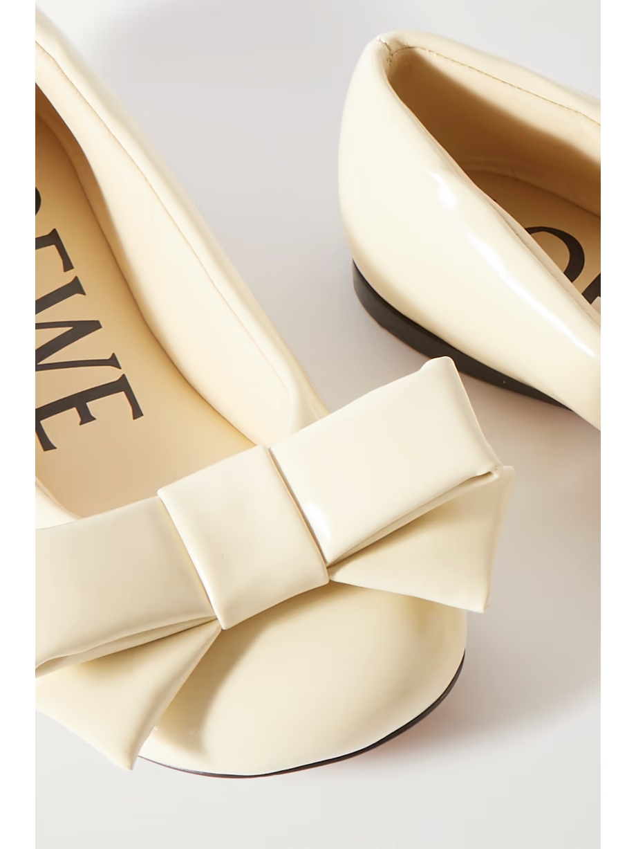 Puffy bow-detailed padded glossed-leather ballet flats