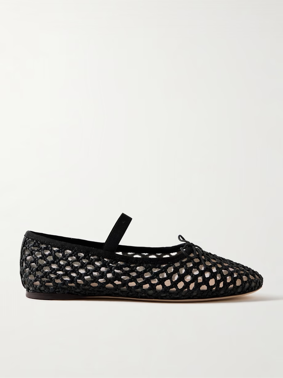 Leonie grosgrain-trimmed raffia Mary Jane ballet flats