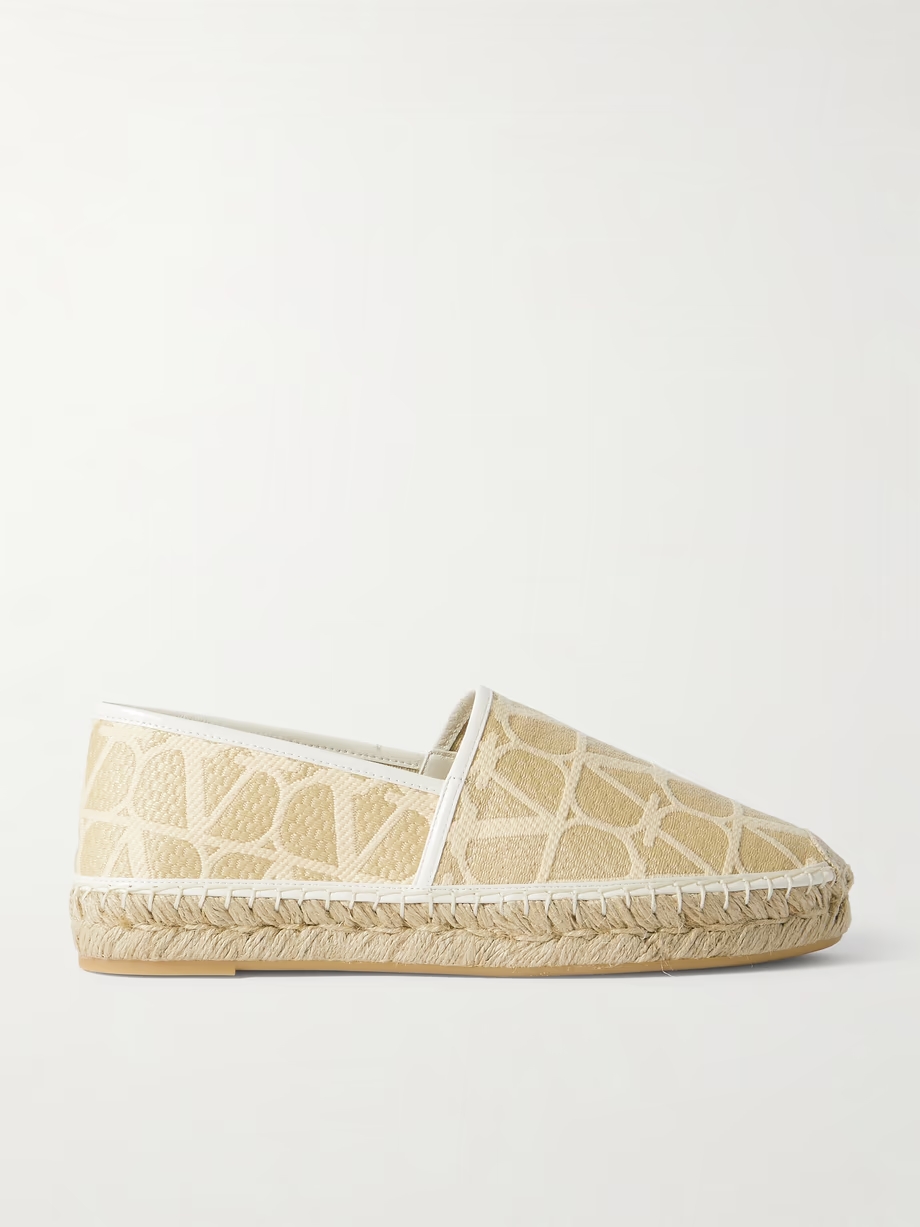 Leather-trimmed jacquard-woven raffia espadrilles