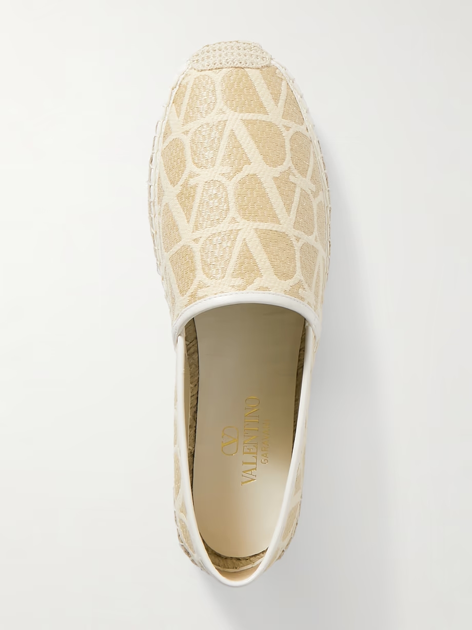 Leather-trimmed jacquard-woven raffia espadrilles