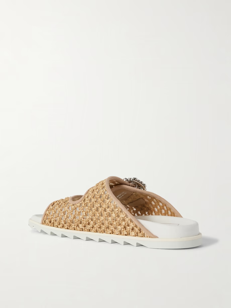 Slidy Viv crystal-embellished suede-trimmed raffia slides